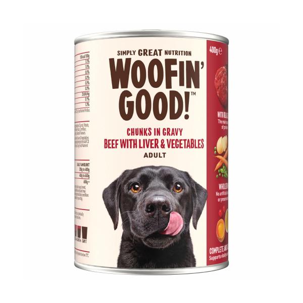 WOOFIN GOOD CHUNKS IN GRAVY BEEF LIVER & VEG DOG FOOD 400 GRAM
