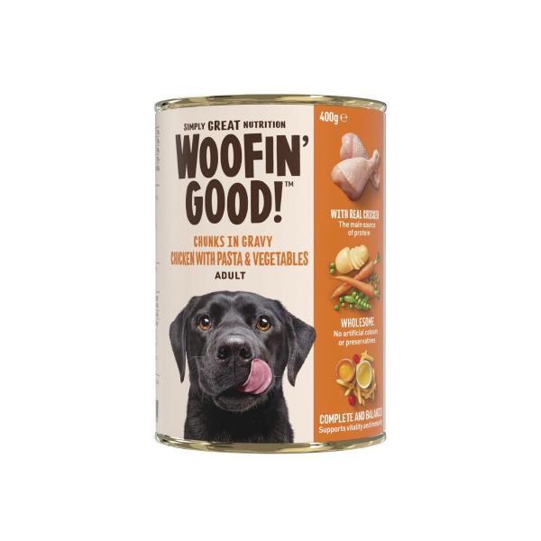 WOOFIN GOOD CHUNKS IN GRAVY CHICKEN PASTA & VEG DOG FOOD 400 GRAM