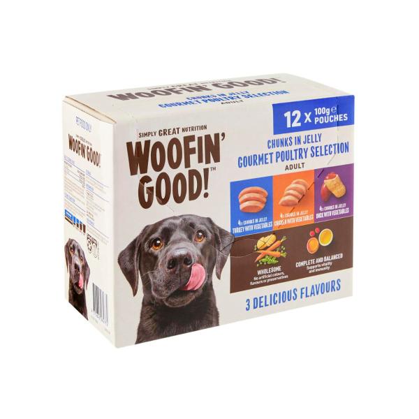 WOOFIN GOOD CHUNKS IN JELLY MIXED SELECTION CHICKEN- DUCK & TURKEY POUCHES DOG FOOD 12X100G