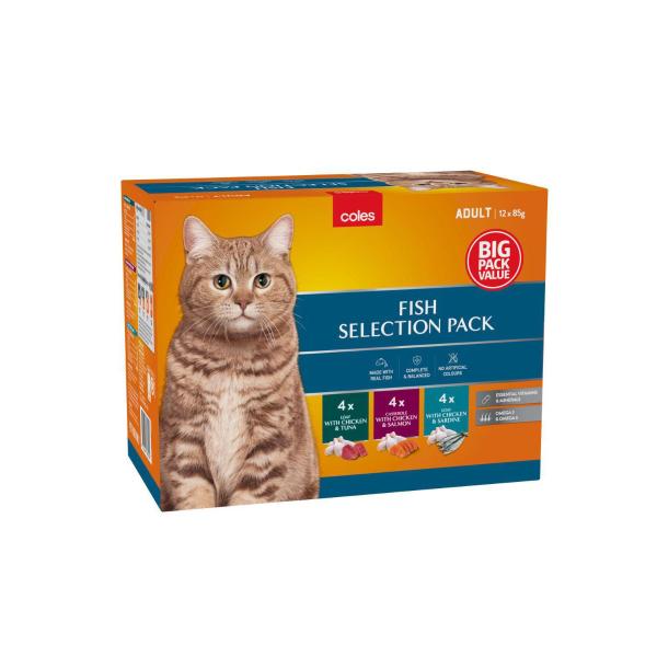 COLES CAT FOOD POUCH FISH VARIETY 12X85G