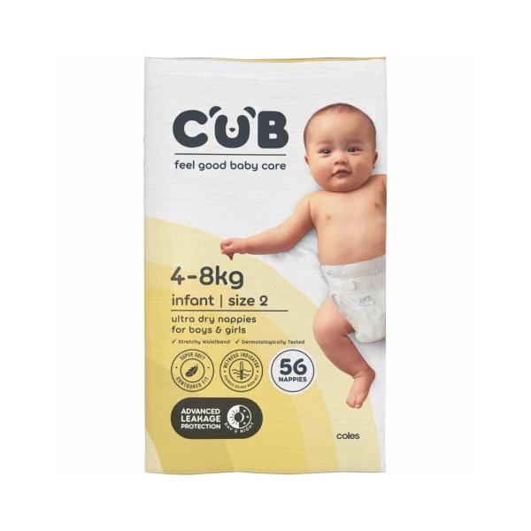 CUB NAPPIES UNISEX INFANT SIZE 2 (4-8KG) 56 PACK