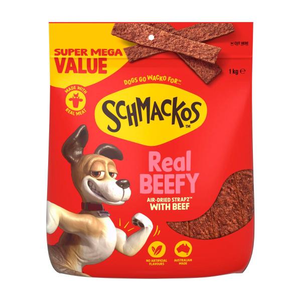 SCHMACKOS STRAPZ DOG TREATS BEEF 1KG BAG