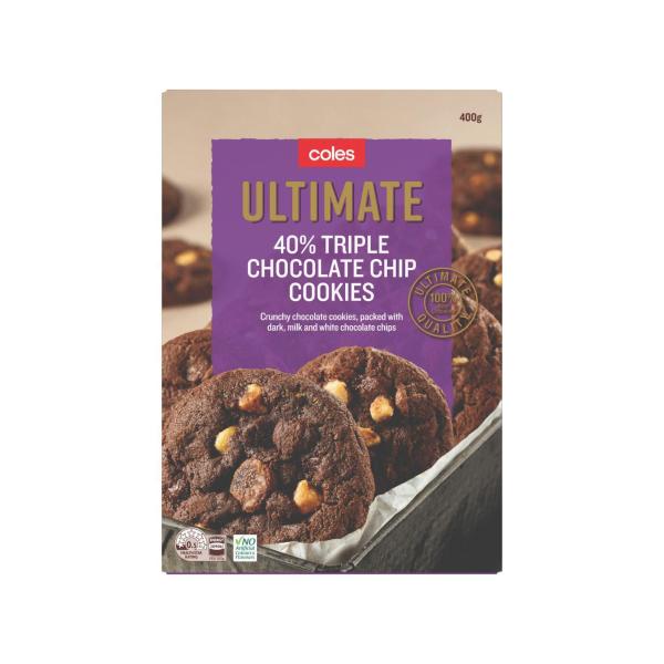 COLES ULTIMATE 40% TRIPLE CHOCOLATE CHIP COOKIE 400G