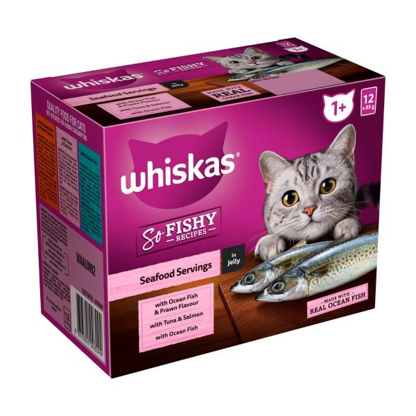 WHISKAS SO FISHY RECIPES ADULT WET CAT FOOD SEAFOOD SERVINGS IN JELLY 12X85G POUCHES