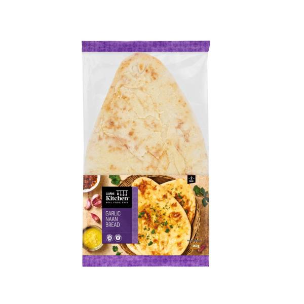 COLES KITCHEN 2 GARLIC NAAN 360GRAM