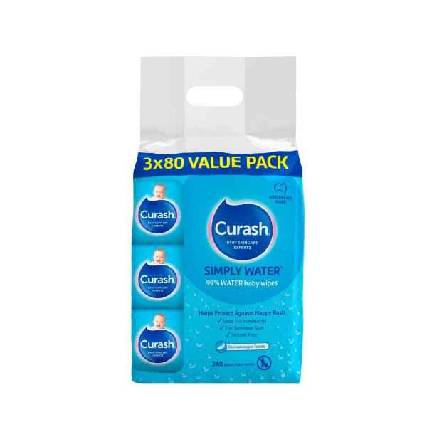 CURASH SIMPLY WATER SENSITIVE SKIN BABY WIPES 240PK