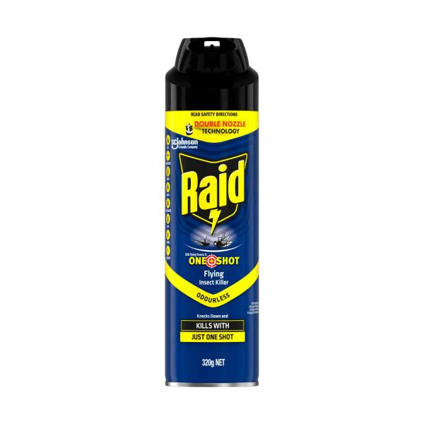 RAID ONE SHOT PEST ODOURLESS FLYING INSECT SPRAY KILLER WITH DOUBLE NOZZLE 320G