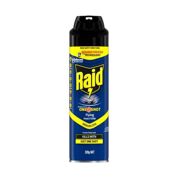 RAID ONE SHOT PEST ODOURLESS FLYING INSECT SPRAY KILLER WITH DOUBLE NOZZLE 320G