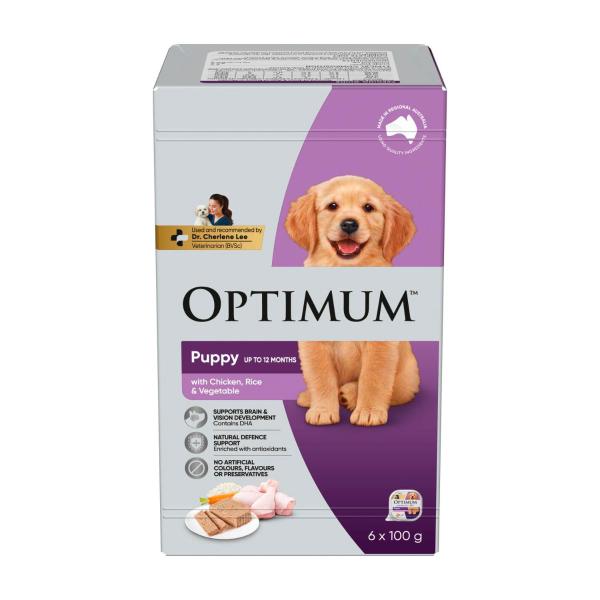OPTIMUM PUPPY WET DOG FOOD WITH CHICKEN- RICE & VEGETABLES 6X100G TRAYS