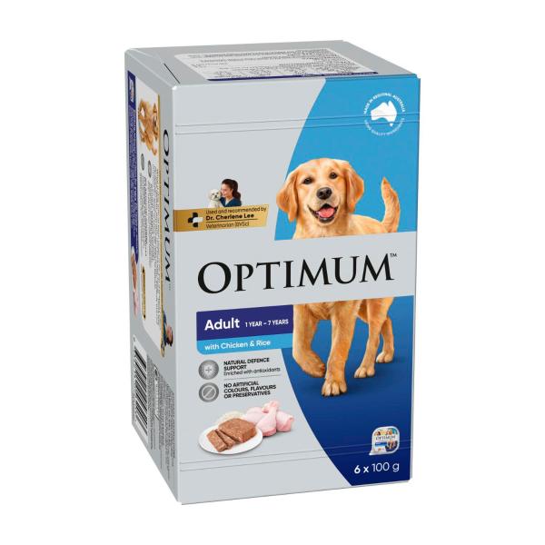 OPTIMUM ADULT WET DOG FOOD WITH CHICKEN & RICE 6X100G TRAYS