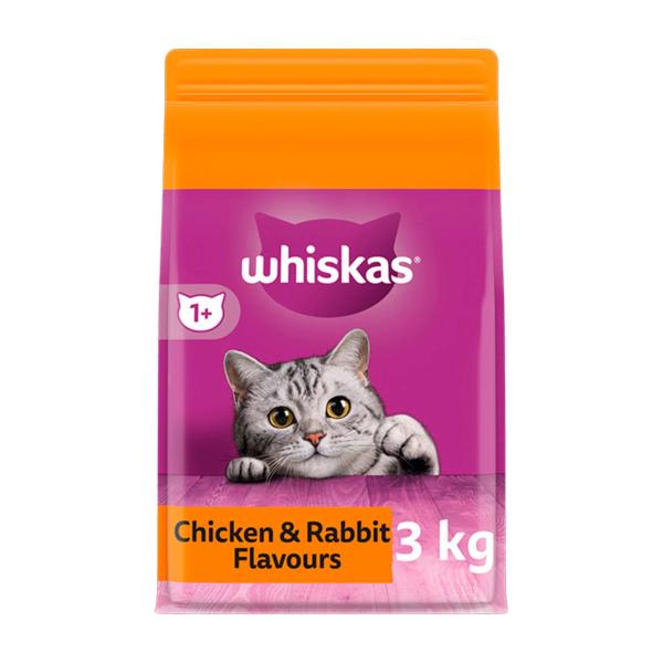 WHISKAS 1+ YEARS ADULT DRY CAT FOOD CHICKEN & RABBIT FLAVOURS 3KG BAG