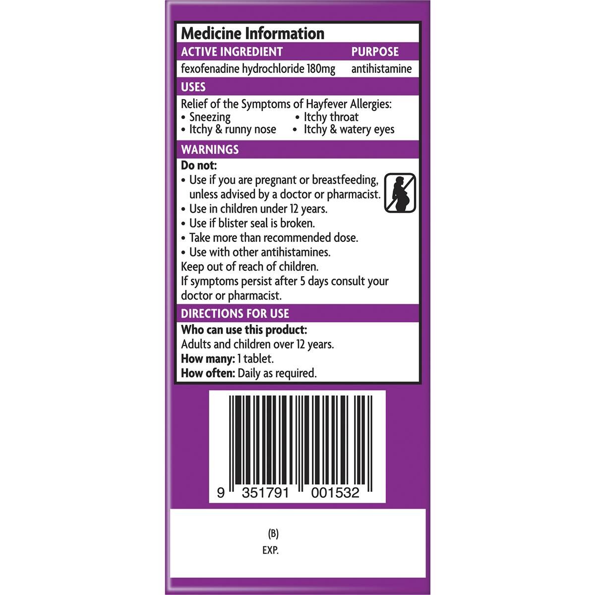 Telfast Hayfever Allergy Relief 180mg Non Drowsy Tablets 10 Pack