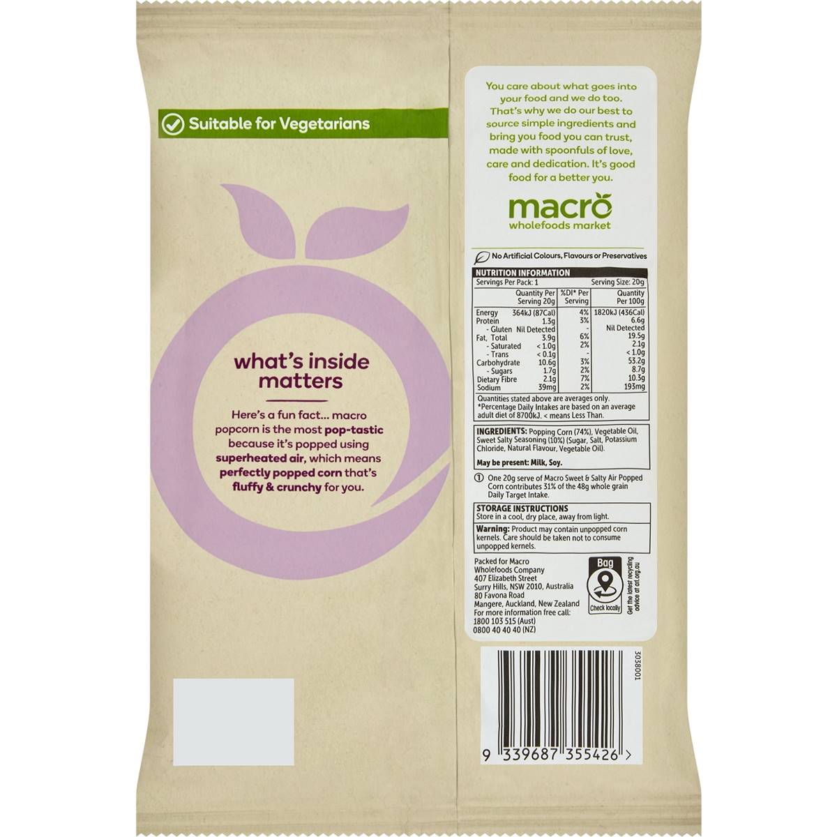 Macro Wholefoods Market Air Popped Corn Sweet & Salty 20g