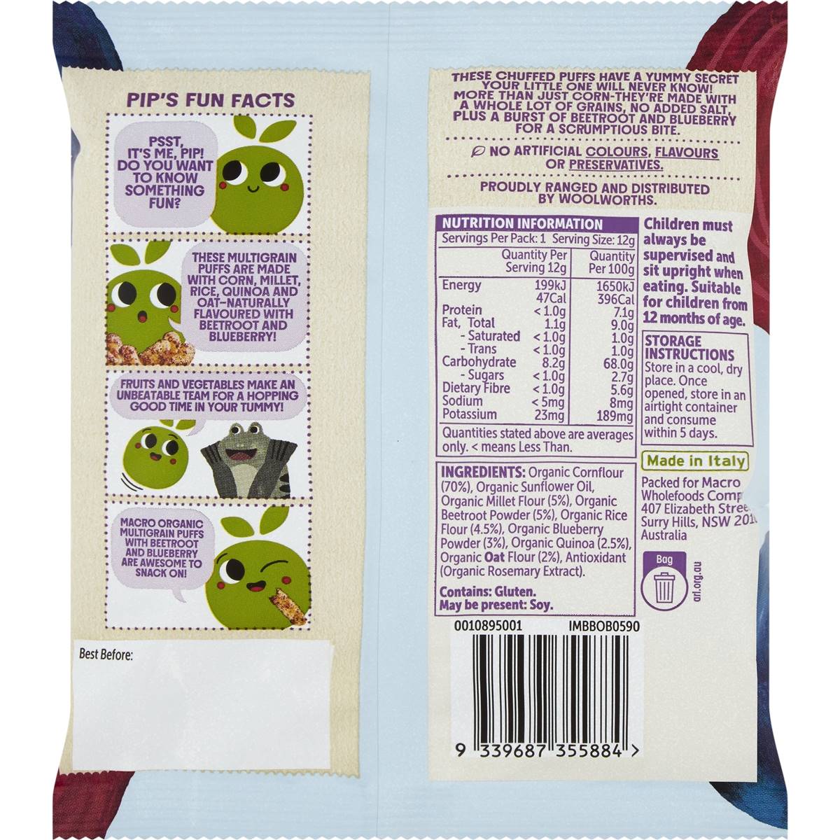 Macro Organic Multigrain Puffs Betroot & Blueberry 12g