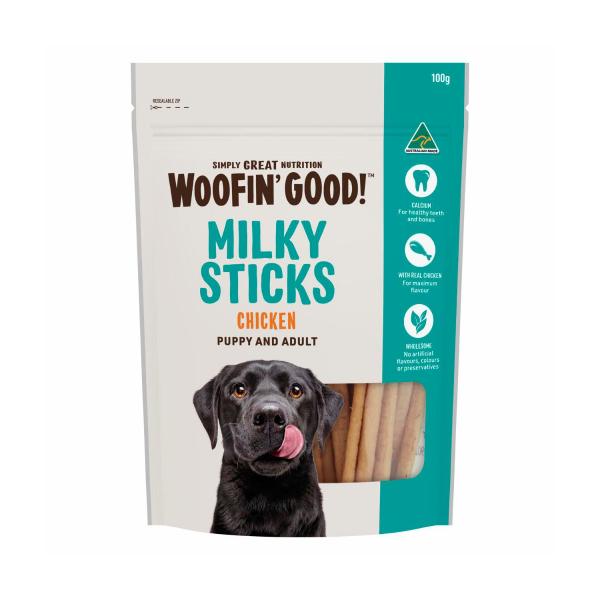 WOOFIN' GOOD PUPPY & ADULT MILKY STICKS CHICKEN DOG TREAT 100G