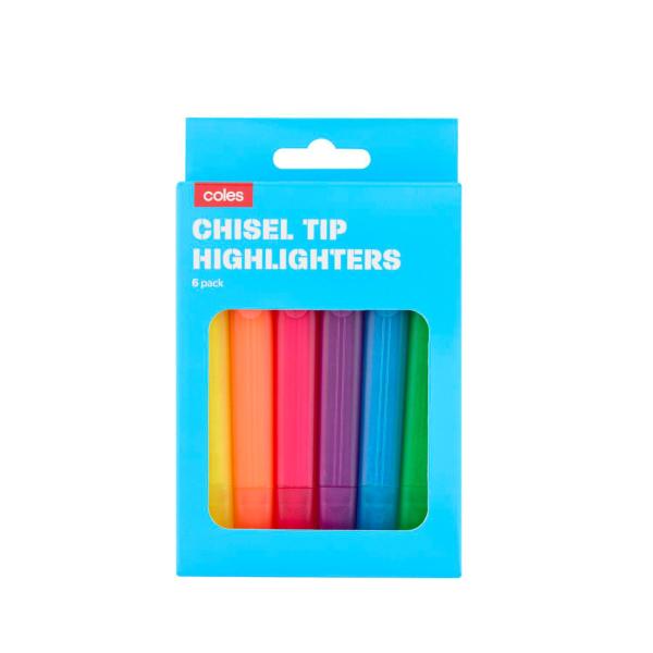 COLES HIGHLIGHTERS CHISEL TIP IN POUCH 6 PACK