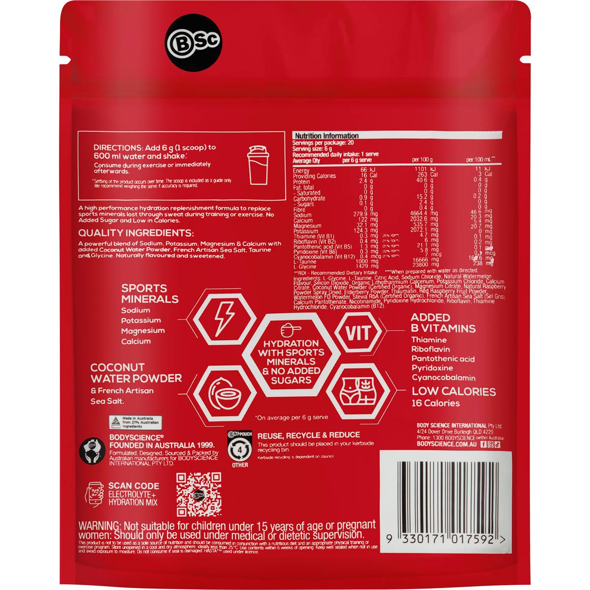 BSC Electrolyte+ Hydration Mix Watermelon Berry 120g