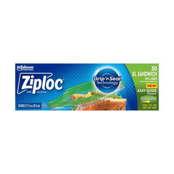 ZIPLOC SANDWICH BAGS XL RESEALABLE FOOD STORAGE 30 PACK