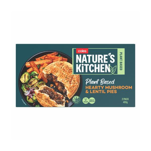 COLES NATURES KITCHEN HEARTY MUSHROOM AND LENTIL PIES 2PK 400G