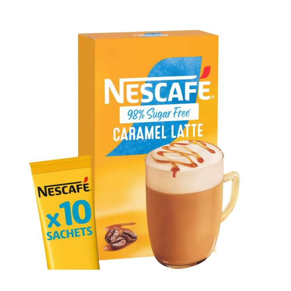 NESCAFE 98% SUGAR FREE CARAMEL LATTE COFFEE SACHETS 10 PACK