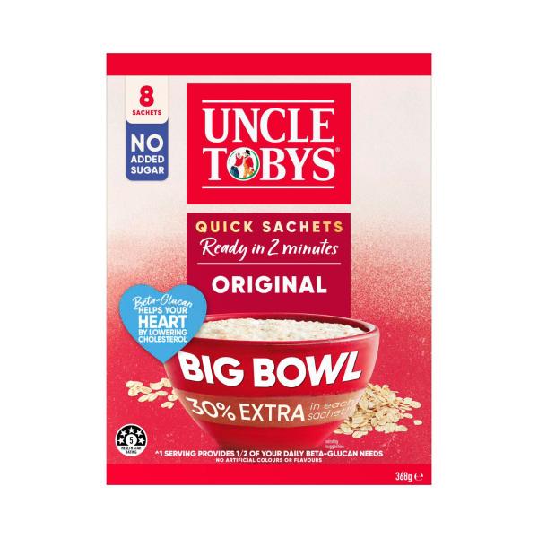 UNCLE TOBYS OATS QUICK SACHETS BREAKFAST CEREAL ORIGINAL BIG BOWL 368G