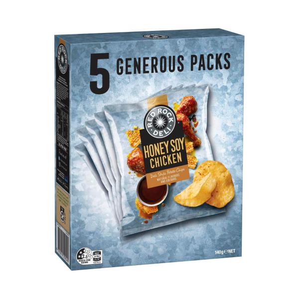 RED ROCK DELI POTATO CHIPS LUNCHBOX SNACKS MULTIPACK HONEY SOY CHICKEN 5PK 140G