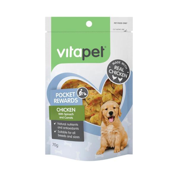 VITAPET POCKET REWARDS CHICKEN WITH SPINACH & CARROTS DOG TREATS 70GRAM