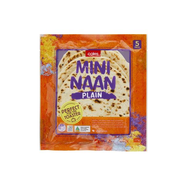 COLES MINI TOASTY NAAN PLAIN 5 PACK 225G