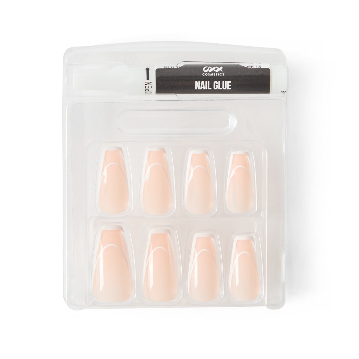 OXX Cosmetics 24 Pack Artificial Nails with Adhesive - Squareletto Shape, French Line