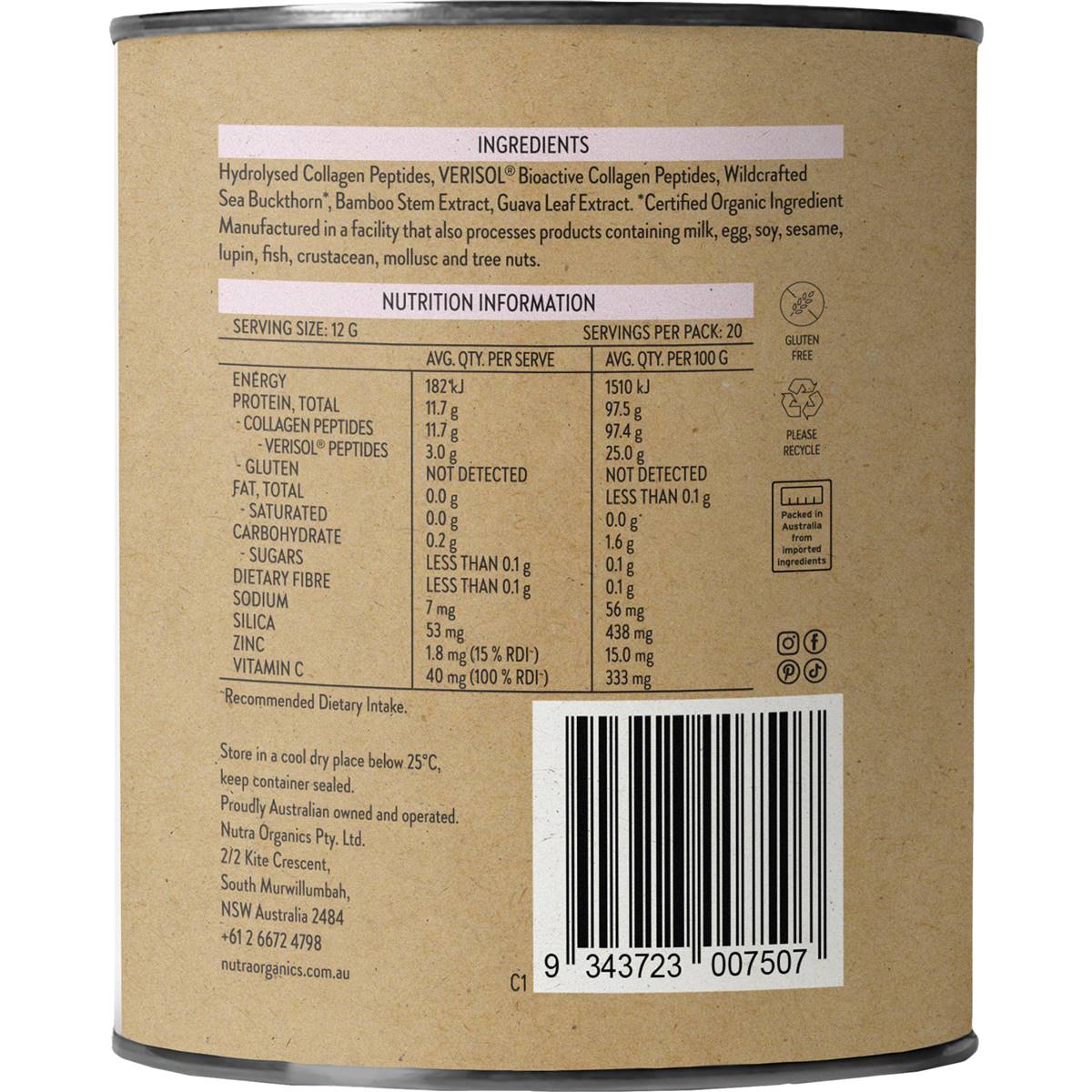 Nutra Organics Collagen Beauty Skin Hair Nails Gut Unflavoured 240g