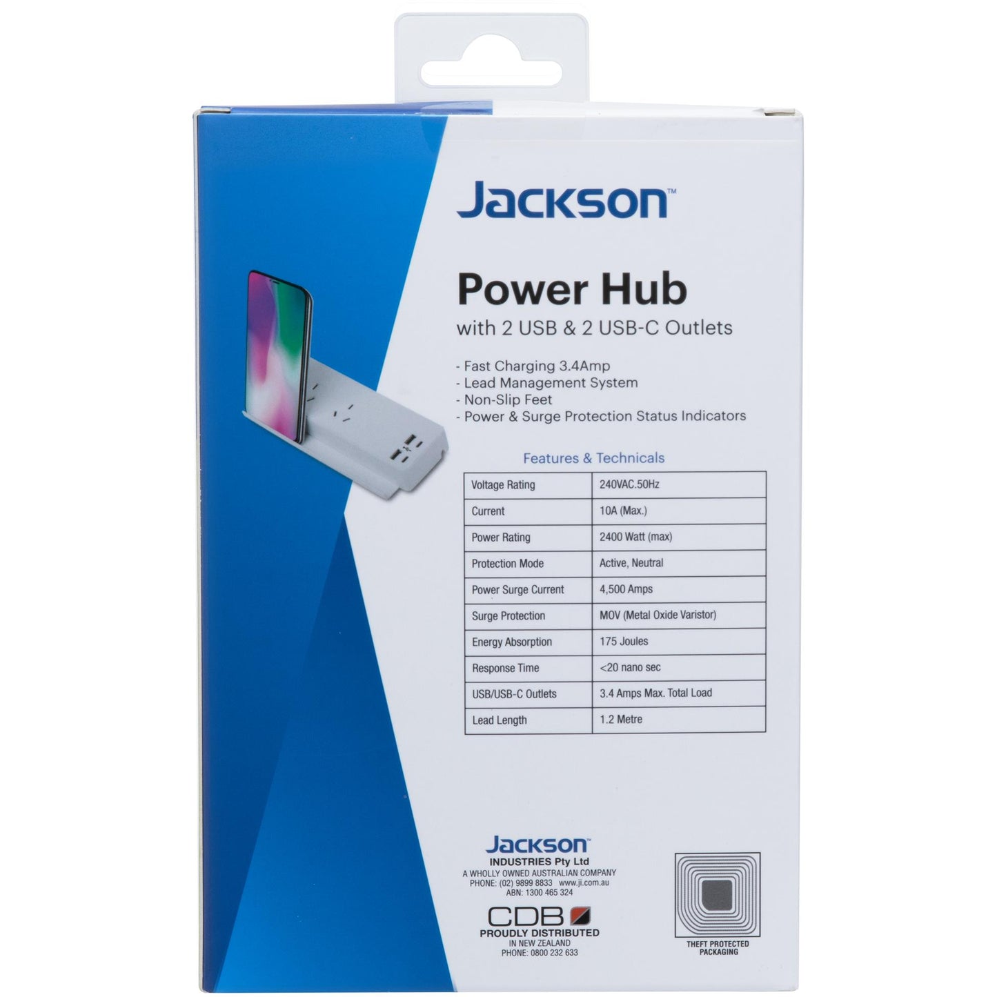 Jackson Surge Protected Hub Board w/ 2 x Power Socket, 2 x USB-C & 2 X USB-A Outlets