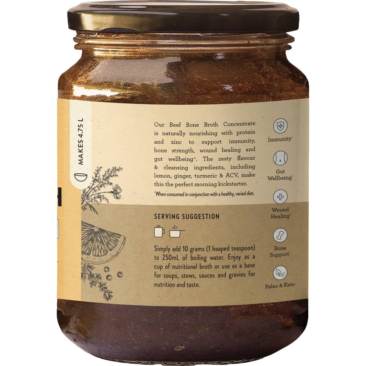 Nutra Organics Beef Bone Broth Lemon Ginger ACV 190g