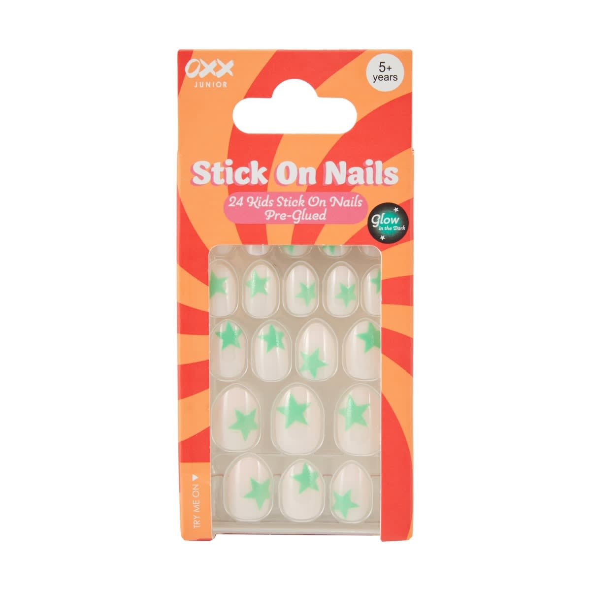 OXX Junior 24 Pack Kids Pre-Glued Stick-On Nails - Glow in the Dark