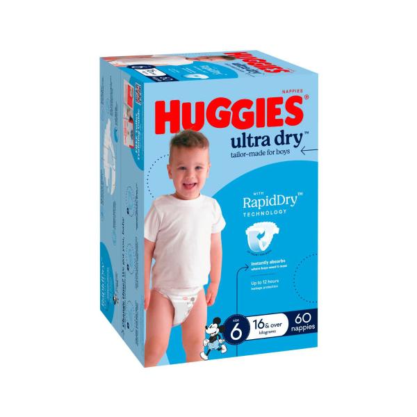 HUGGIES ULTRA DRY NAPPIES BOYS SIZE 6 (16KG+) 60 PACK