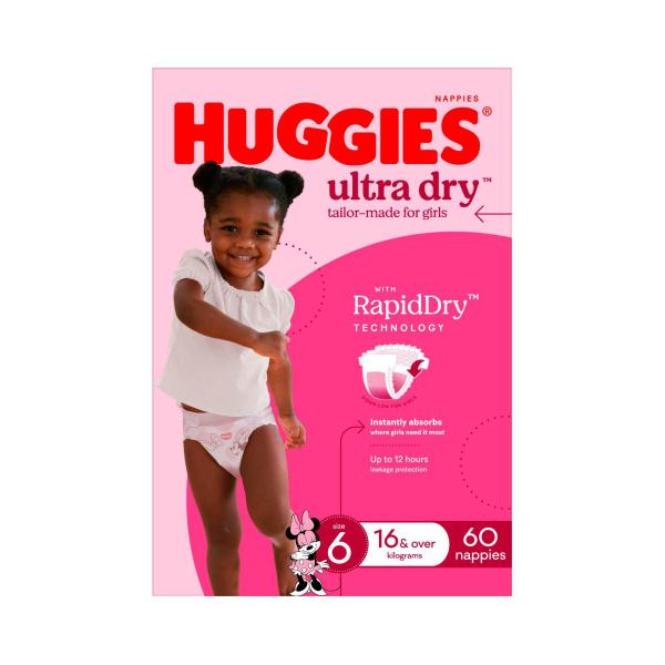 HUGGIES ULTRA DRY NAPPIES GIRLS SIZE 6 (16KG+) 60 PACK