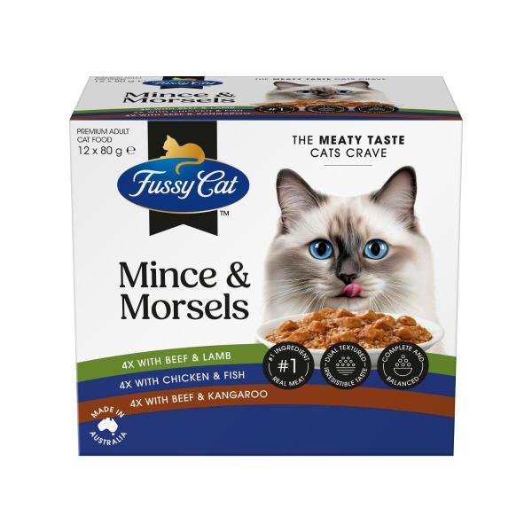 FUSSY CAT GRAIN FREE TWICE AS TASTY ADULT WET CAT FOOD MINCE & MORSELS 12X80GRAM