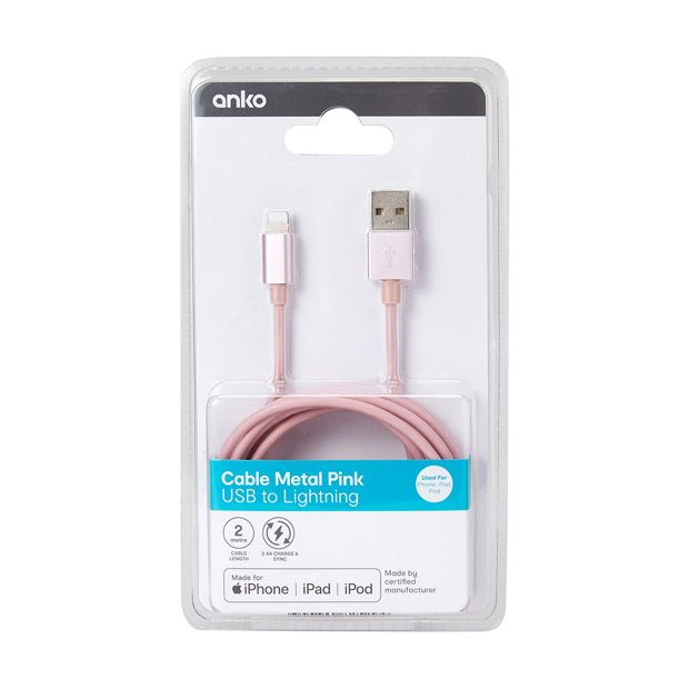 Lightning Cable, 2m Pink Rope - Anko