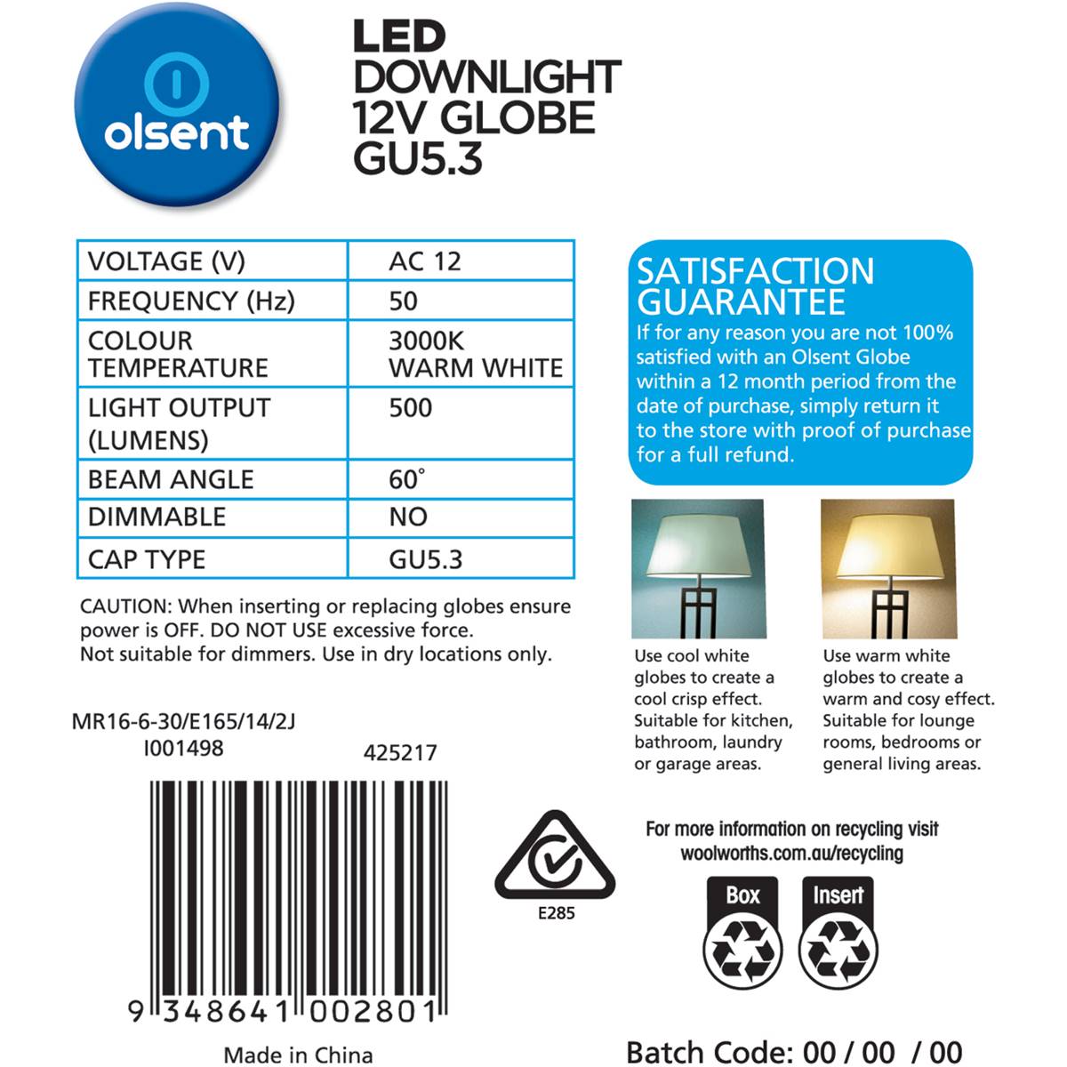 Olsent Led Gu5.3 Mr16 6w 500lm Ww 60' 4 Pack