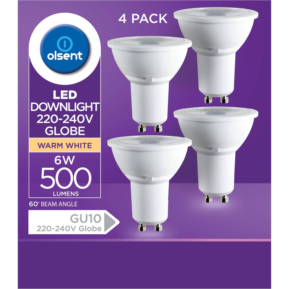 Olsent Led Gu10 6w 500lm Ww 60' 3000k 60' 4 Pack