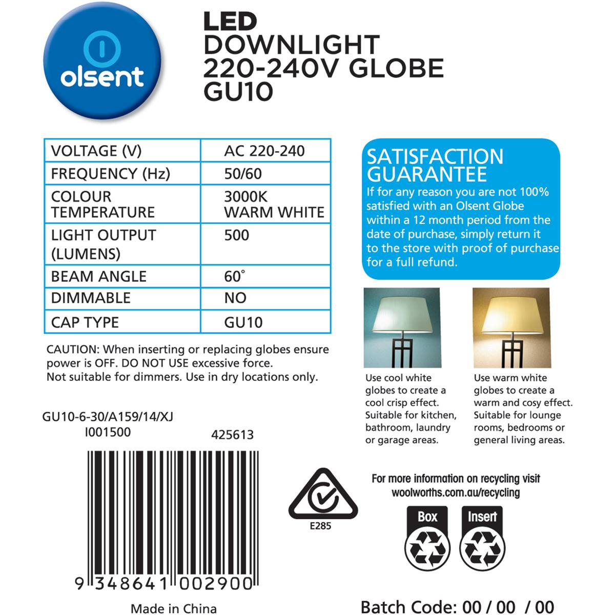 Olsent Led Gu10 6w 500lm Ww 60' 3000k 60' 4 Pack