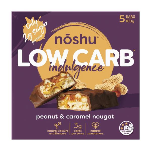 NOSHU LOW CARB PEANUT & CARAMEL NOUGAT INDULGENCE BAR 160G