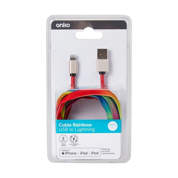 Lightning Cable, 2m Rainbow Rope - Anko