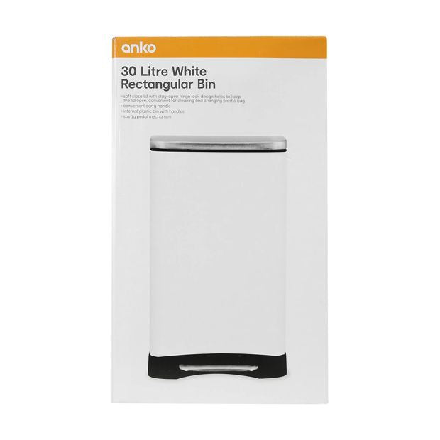 White Rectangular Bin, 30L - Anko