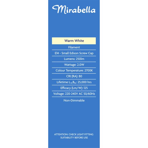 Mirabella Filament LED 2W E14 Small Edison Screw Light Bulb - Clear Warm White