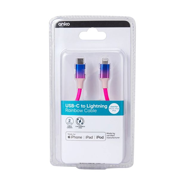 USB-C to Lightning Rainbow Cable, 2m - Anko