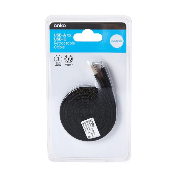 USB-A to USB-C Retractable Universal Cable, 1m - Anko