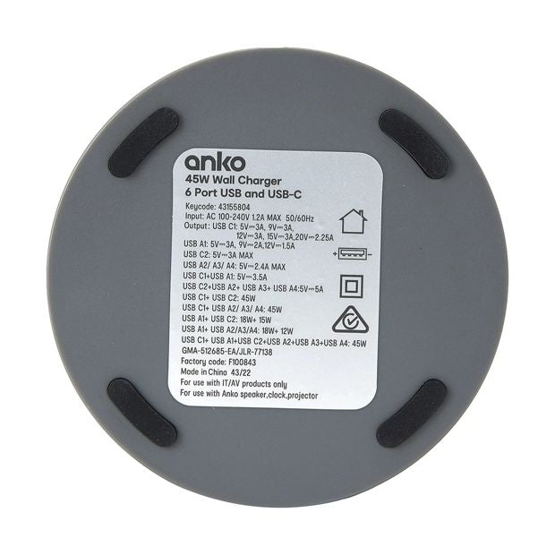 45W Wall Charger 6 Port USB and USB-C - Anko