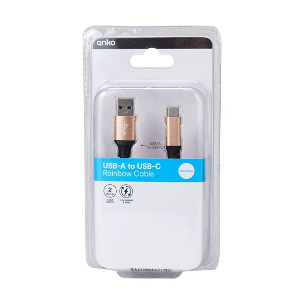 USB-A to USB-C Rainbow Cable, 2m - Anko