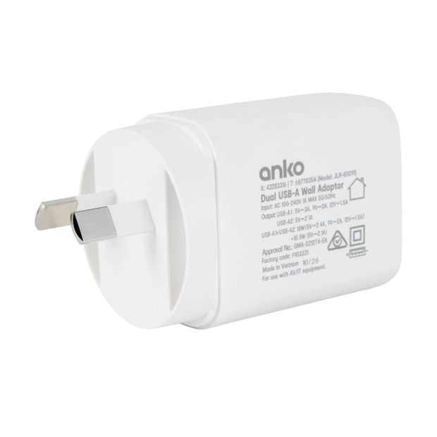 28.5W Dual USB-A Wall Charger - Anko