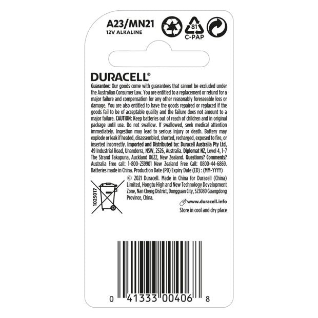 Duracell Specialty A23/MN21 Alkaline Batteries - 2 Pack